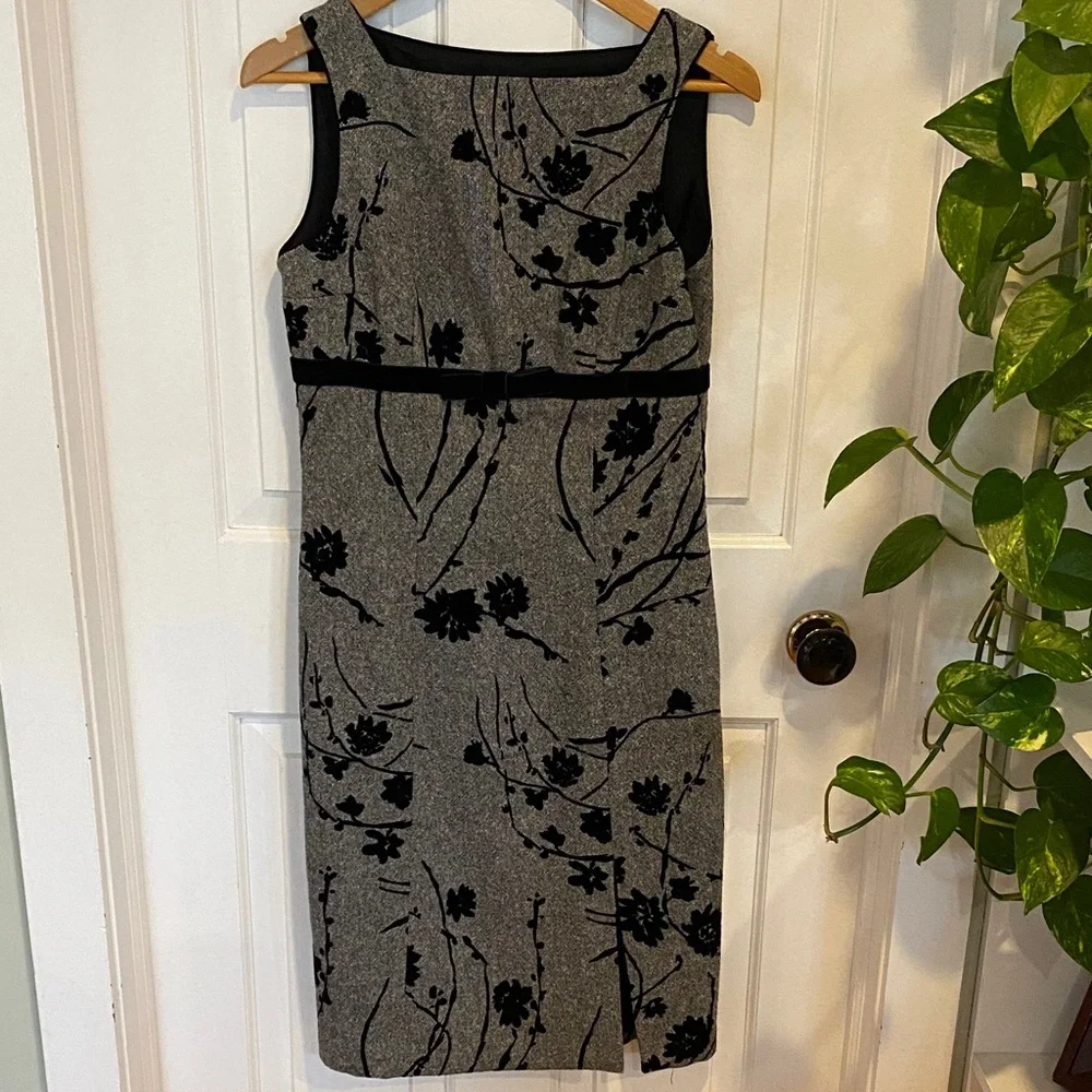 Wool silk blend midi dress with floral velvet burnout black gray sleeveless - Picture 1 of 15